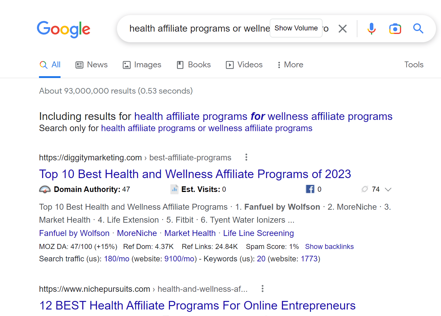 alt="Google search results for health and wellness affiliate programs"