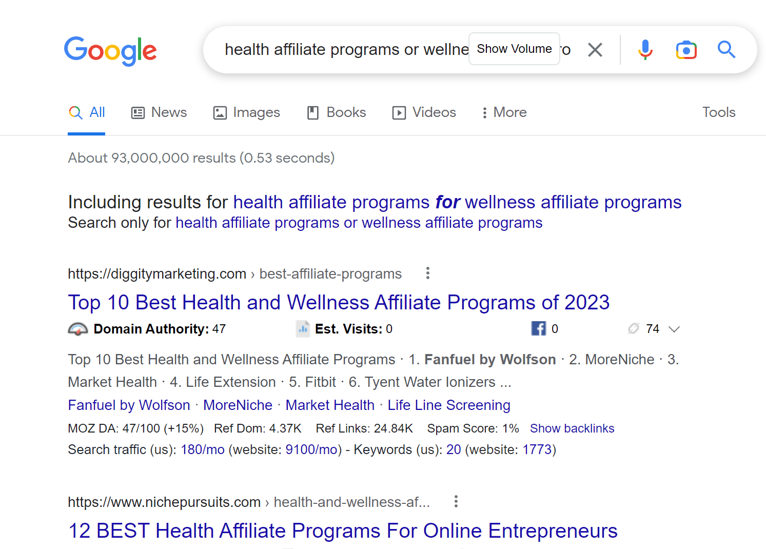 How to Make Money with a Health and Wellness Blog 5 alt="Google search results for health and wellness affiliate programs"