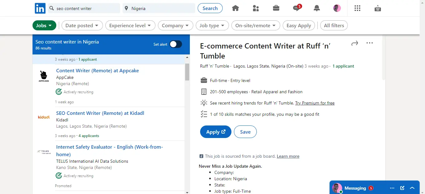 <img scr=LinkedInJobs.png" alt=A content writer looking for a remote job for on LinkedIn"/>