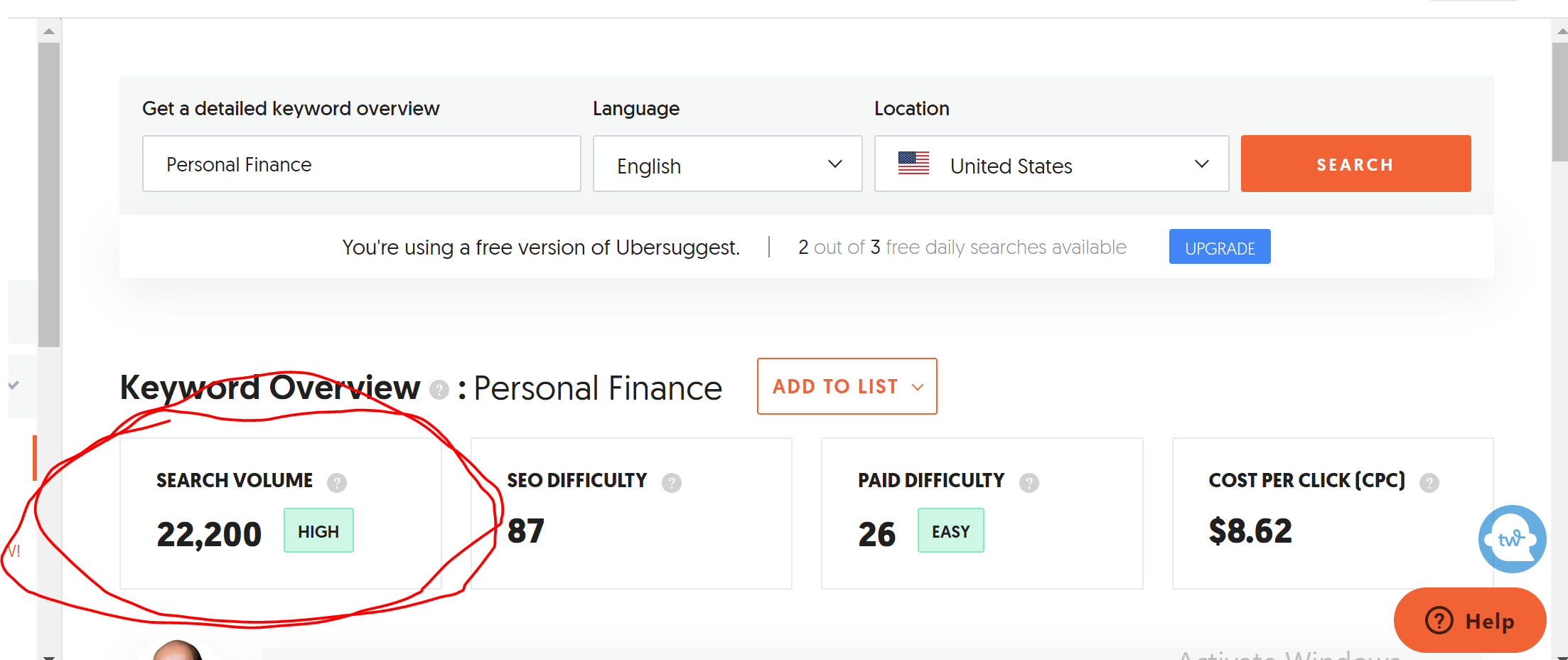 alt="screenshot of Personal finance blog keyword research"